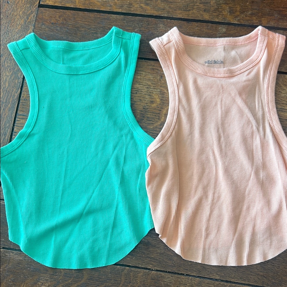 Set of Two Ribbed Tank Tops - Teal and Peach one is small one is xs